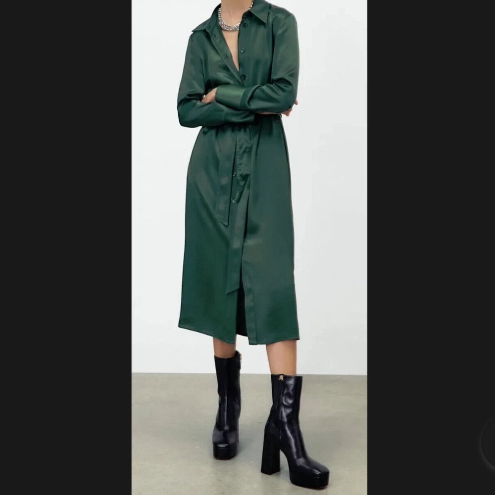 ZARA Emerald Green Satin Belted Shirt Midi Dress Size Medium